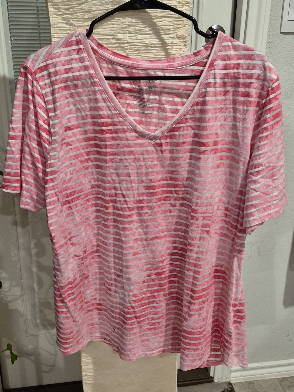 Terra & Sky Pink and White Striped V-Neck Tee